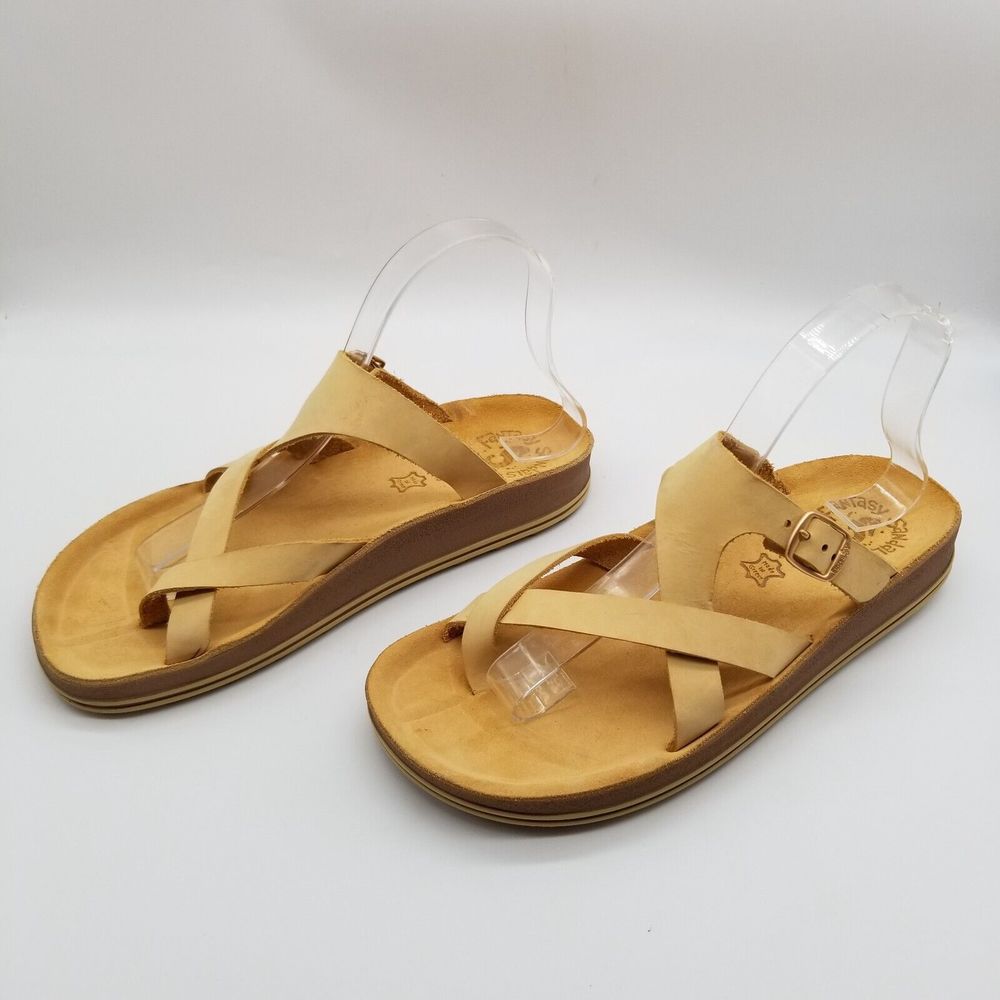 Fantasy Sandals Women Strappy Thong Slide Sandals Size 8.5 Beige Leather